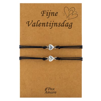 Koppel Armbandjes voor 2 "Fijne Valentijnsdag" - Kleine Hartjes - BFF Armbandjes met Cadeau Kaartje - Zwart & Zilverkleurig - Elastisch Verstelbaar - Pax Amare