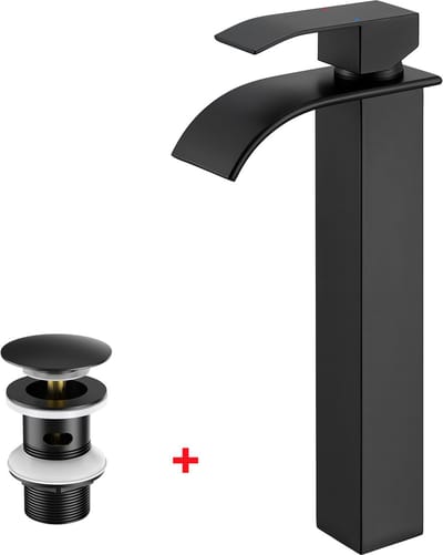 CECIPA Max Wastafelkraan - Hoge Uitloop - Badkamerkraan - Mit Pop-up Afvoerventiel - Lavabokraan - Watervalontwerp - RVS - Warm en Koud - Waterbesparend - Zwart