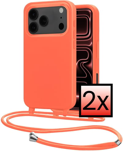 Hoes Geschikt voor iPhone 17 Pro Met Telefoonkoord - Siliconen Hoesje Backcover Met Ketting - Papaya - 2 PACK
