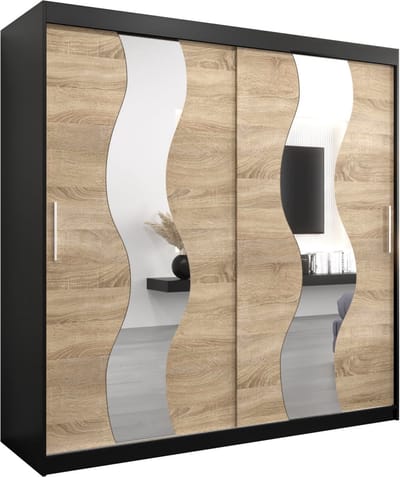 InspireMe - Kledingkast met 2 schuifdeuren, Modern-stijl, Een kledingkast met planken en een spiegel (BxHxD): 200x200x62 - REESE 200 Zwart Mat + Sonoma Eik