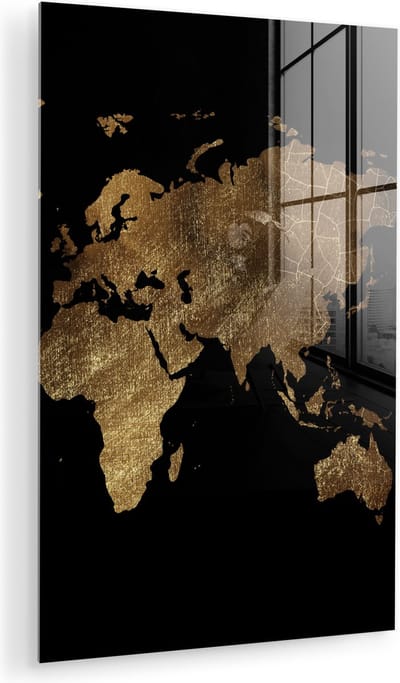® Glasschilderij 120x180 cm - Schilderij acrylglas - Wereldkaart - Goud - Luxe - Aarde - Zwart - Foto op glas - Muurdecoratie woonkamer - Wanddecoratie slaapkamer - Schilderijen