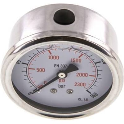 0..160 Bar Glycerine Manometer Achteraansluiting RVS/Messing 63 mm Klasse 1.6 - ML016063SHG