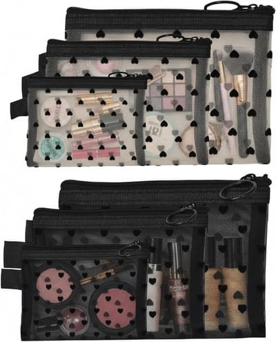 Cosmetische Tas Set van 6 Stuks met Hartjesprint - Mesh Make-up Tassen voor Lipstick, Oordopjes en Accessoires