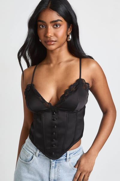boohoo Dames Kanten Afgezet Corset Top Met Baleinstructuur | Zwart | Maat: 34