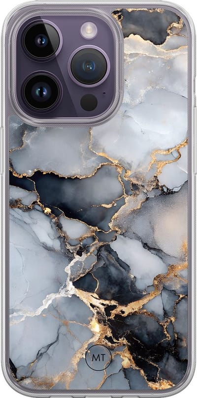 Hybride hoesje geschikt voor iPhone 14 Pro - Marble mist - Extra bescherming - Luxe beschermhoes - TPU case - Transparant, Grijs, Goud - Mooie Telefoonhoesjes