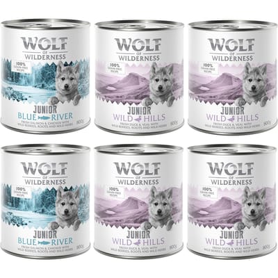 6 x 800 g Wolf of Wilderness Mixpakket Junior 4x Eend & Kalf, 2x Kip & Zalm