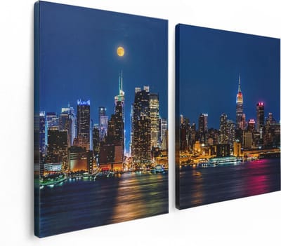 Artaza Canvas Schilderij Tweeluik Verlichte Skyline Van New York Met Volle Maan - 120x80 - Foto Op Canvas - Canvas Print