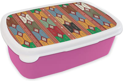 Broodtrommel Roze - Lunchbox - Brooddoos - Geometrie- Patronen - Zuid-Amerika - 18x12x6 cm - Kinderen - Meisje