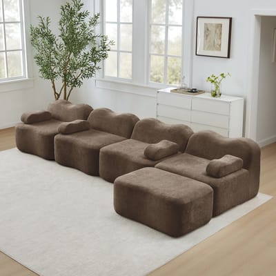 Wishdor Modulaire Hoekbank - L-Vorm Met Verbindbare Hocker En Diepe Zitting - Golvend Ontwerp - Voor Woonkamer - Fluweel - Bruin