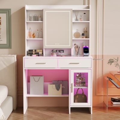 Make-up Tafel met RGB LED Spiegel – 145x86,8x40 cm – Lade & Opbergruimte – Stopcontact & Föhnhouder – Elegant Slaapkamermeubel
