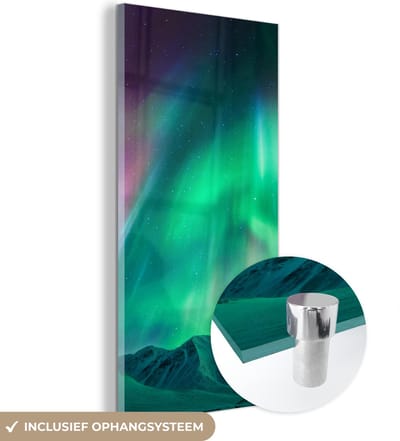 MuchoWow® Glasschilderij 20x40 cm - Schilderij acrylglas - Noorderlicht - Alaska - Berg - Foto op glas - Schilderijen