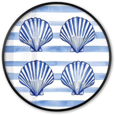 Poster in lijst Rond - Fotolijst 60x60 cm - Posters - Vier schelpen - Blauw - Wit - Strepen - Ronde posterlijst zwart - Decoratie - Wanddecoratie woonkamer - Muurdecoratie slaapkamer