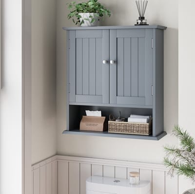DESMIU Badkamerkast - Wandkast Met 2 Deuren En Open Vakken - Verstelbare Opbergruimte Voor Badkamer En Keuken - MDF - 54,6x19,8x60 Cm - Lichtgrijs