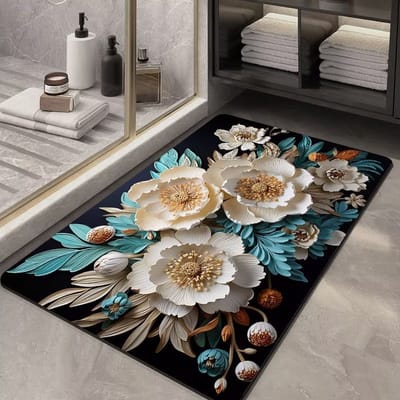 Badmat Antislip Absorberende Badkamermat Diatomeeënaarde Microvezel Badmat Zacht Sneldrogend 50 x 80 cm Blauwe bladeren en Witte bloemen