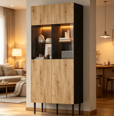 STILVORA Vitrinekast - Met Ledverlichting En 10 Opbergvakken - Voor Woonkamer En Eetkamer - MDF En Gehard Glas - 80x35x180 Cm