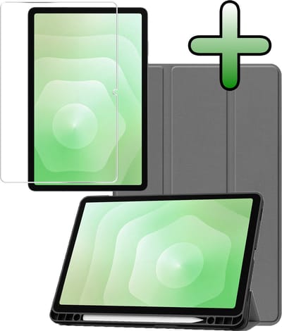 Hoesje Geschikt voor Samsung Galaxy Tab S11 - Met Screenprotector - Trifold Bookcase - Hard Cover Case - Met Uitsparing Geschikt voor S Pen - Hardcover Book - Tablet Hoes - Grijs