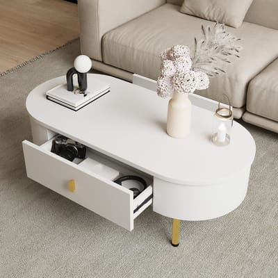 DESMIU Salontafel - Met 2 Lades En Afgeronde Hoeken - Voor Woonkamer Met Praktische Opbergruimte - MDF - 108x50x40 Cm - Wit Goud