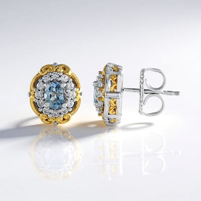 Cavill - Zilveren Oorbellen met Aquamarijn 0,56 ct en Zirkonia 0,43 ct - 925 Sterling Zilver met Palladium - Elegante Ovale Oorknopjes 12 mm