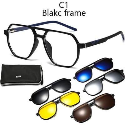6 en 1 Monture de Lunettes Irrégulière Monture avec 5 Paires de Lunettes de Soleil à Clipser Lunettes Magnétiques Lunettes de Vue Prescription Informatique SHOW AS PICTURE black