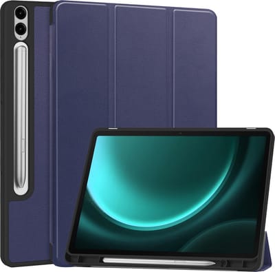 Hoesje Geschikt voor Samsung Galaxy Tab S9 FE Plus - Dun & Stevig - Trifold Bookcase - Hard Cover Case - Met Uitsparing Geschikt voor S Pen - Hardcover Book - Tablet Hoes - Donkerblauw