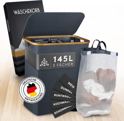 Wasmand met deksel, 145 liter, waterafstotende wasverzamelaar, 3 vakken en uitneembare waszakken, opvouwbare wasmand met wasvoorschriften, wasmand, 3 vakken