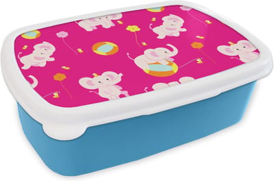 Broodtrommel Blauw - Lunchbox - Brooddoos - Olifant - Bloemen - Patronen - 18x12x6 cm - Kinderen - Jongen