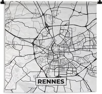 Wandkleed - Wanddoek - Kaart - Stadskaart - Rennes - Frankrijk - Plattegrond - Zwart wit - 180x180 cm - Wandtapijt