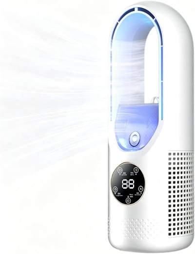 Compacte witte bladloze luchtcirculatieventilator 305×124 mm, geüpgrade borstelloze motor, draagbare stille koelventilator voor bureau, met digitaal display, geschikt voor slaapkamers, kantoren en studentenkamers