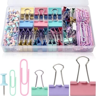 Assortiment nietjes, paperclips en punaises in diverse maten en kleur