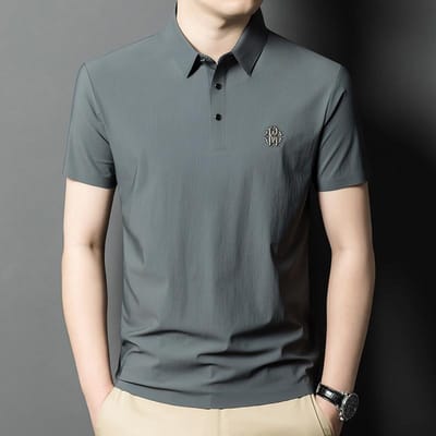 T-shirt à manches courtes pour homme en soie glacée drapée, mode décontractée, couleur unie, fin, beau, pull, polo pour homme, pour papa 3XL gray