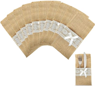 Dailygoods- Bestekzakken 10 stuks - Jute met Kant - Vintage Decoratief - Tafeldecoratie - 21 x 11 cm - Duurzaam en Herbruikbaar - Bestekhoezen