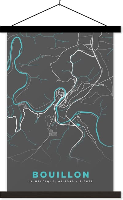 Posterhanger incl. Poster 40x60 cm - Schoolplaat - Stadskaart – Grijs - Kaart – Bouillon – België – Plattegrond - Textielposter - Zwarte latten - Stadskaart