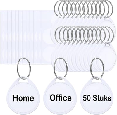 50 Stuks Sleutellabels met Sleutelringen met 500 Witte Stickers rol - Sleutelhangers Tags voor Volwassenen - Sleutelring Naamkaartjes - Sleutels Onderscheider - Labels met Ring - Keychain Sleutelhouder Sleutelrekje - Bagagelabel - Key Sleutelclip