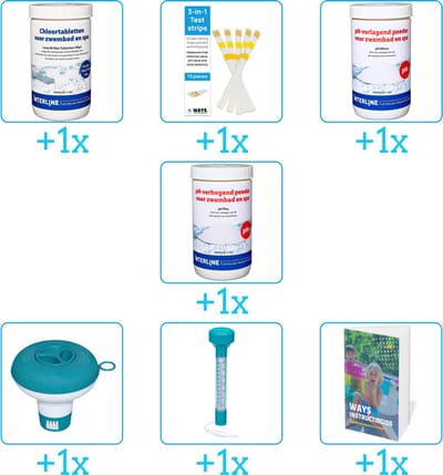 Zwembad Onderhoudspakket - Onderhoud Zwembad - bevat Chloor - Testrips - PH-min - PH-plus - Chloordrijver - Thermometer en Zwembadgids (7-delig)