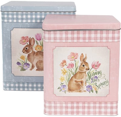 Clayre & Eef Blikken Bewaardoos 21x15x25 / 18x13x22 cm Blauw Roze Metaal Konijn