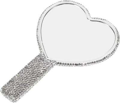 Handspiegel Hartvormig - Draagbare Make-up Spiegel - Make-up Aanbrengen - Decoratie met Strasssteentjes - 19 x 13.5 cm - Zilver