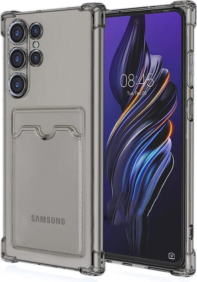 Schokbestendig TPU Hoes Kaarthouder Geschikt voor: Samsung Galaxy S22 Ultra - Grijs - Hoesje met Achterkant Pasjeshouder
