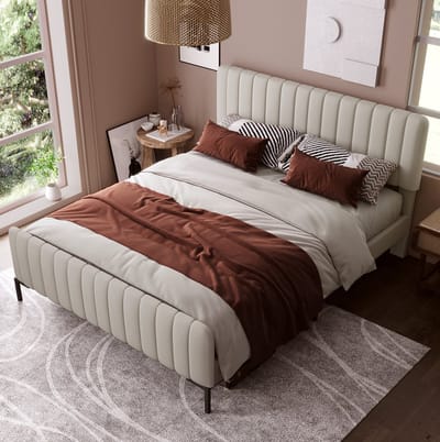 Gestoffeerd Bed 180x200 cm - Tweepersoonsbed Met Verstelbaar Hoofdbord en Lattenbodem - Zonder Matras - Stof Hout Metaal - Grijs Beige