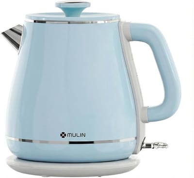 Vintage Waterkoker Blauw 1,8L – 2200W Snelle Kookfunctie – Dubbelwandig RVS – Automatische Uitschakeling – 360° Draaivoet – Retro Design