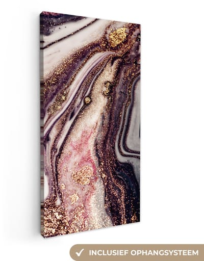 Canvas schilderij 80x160 cm - Wanddecoratie Marmer - Roze - Goud - Glitter - Marmerlook - Muurdecoratie woonkamer - Slaapkamer decoratie - Kamer accessoires - Schilderijen op canvas