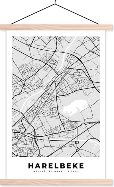 Posterhanger incl. Poster 40x60 cm - Schoolplaat - Plattegrond – Harelbeke – Zwart Wit – Stadskaart - Kaart - Textielposter - Blanke latten - Stadskaart