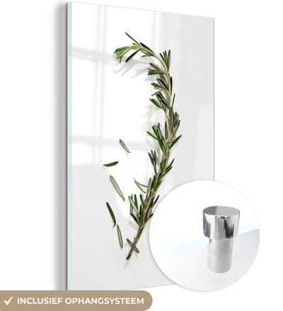 ® Glasschilderij 120x180 cm - Schilderij acrylglas - Een takje van rozemarijn op witte achtergrond - Foto op glas - Muurdecoratie woonkamer - Wanddecoratie slaapkamer - Schilderijen