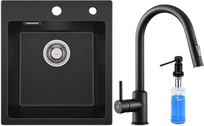 SOFETIY MAX Granieten spoelbakken 40*45cm Zwart - Spoelbak Keuken Met Keukenkraan en Zeepdispenser - Gootsteen Met Waterafvoersysteem - Wasbak Keuken