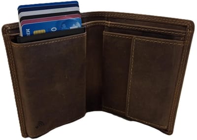 OI Hunter bruine leren billfold met cardprotector / normale portemonnee met Figuretta pasjeshouder / complete portemonnee met anti skim kastje / leren beurs met metalen pasjeshouder / bruin / 115H