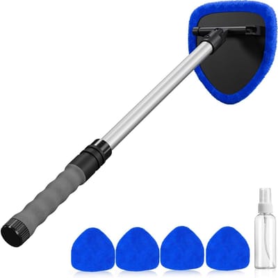desin Ruitenreinigingsgereedschap, autoruitenreiniger ruitenreiniger met 4 herbruikbare en wasbare microvezelpads en uitschuifbare handgreep Auto Inside glazen wisserset (blauw)