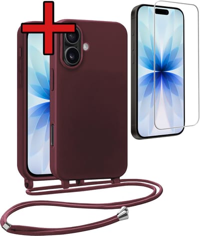 Hoesje Geschikt voor iPhone 17 Hoesje Siliconen Case Met Koord Met Screenprotector - Hoes Geschikt voor iPhone 17 Hoesje Backcover Met Telefoonkoord - Aubergine