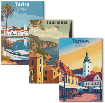 Wallfluent Set van canvas schilderijen - Uitzichten op kuststeden en hun architectuur Canvas Schilderijen Set - set 3 stuks 20x30 cm - Veelkleurig Set van Canvas Prints - Steden Canvas Kunst Set - Boheemse Canvas Kunst Set