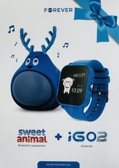 Forever iGO2 JW-150 Kinderhorloge blauw smartwatch voor Smartphone iOS + Android horloge met touchscreen IP68 + Bluetooth Luidspreker sweet animal Geschenkset