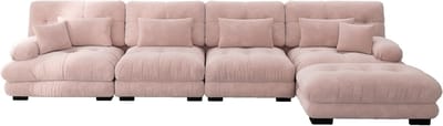 Modulaire hoekbank, L-vormige bank set voor woonkamer, 4-zits comfortabele cloud banken met verrijdbare ottomane, DIY-combinatie, chenille, roze