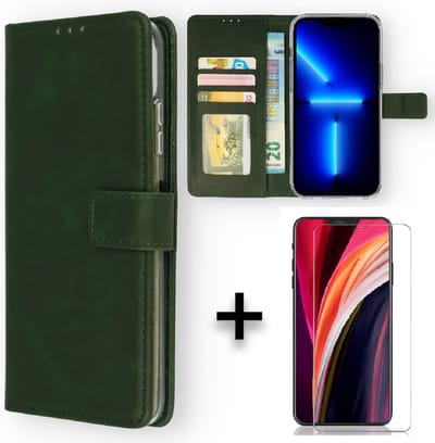 Casemania Hoesje Geschikt voor Apple iPhone 13 Groen & Glazen Screenprotector - Portemonnee Book Case - Kaarthouder & Magneetlipje